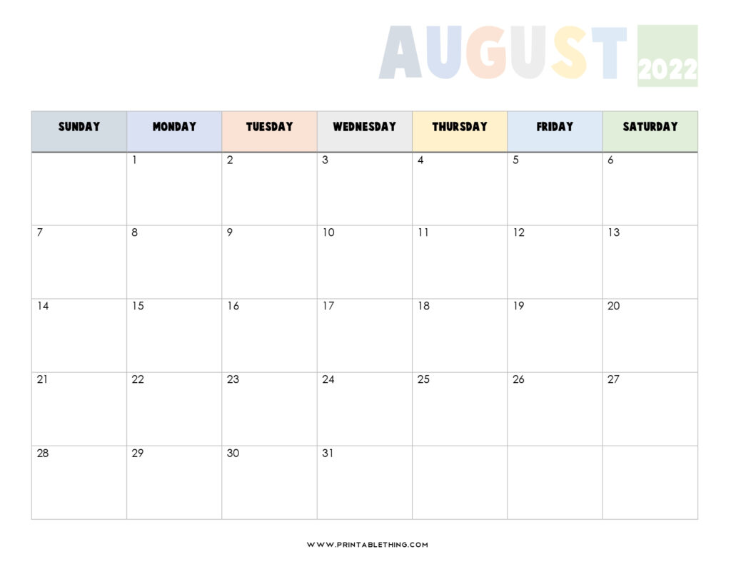 20 August 2022 Calendar Printable PDF US Holidays Blank Free