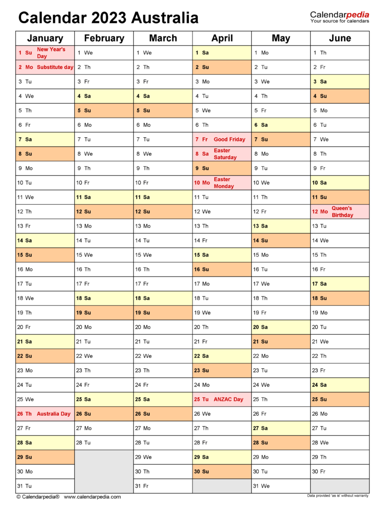 Australia Calendar 2023 Free Printable Excel Templates