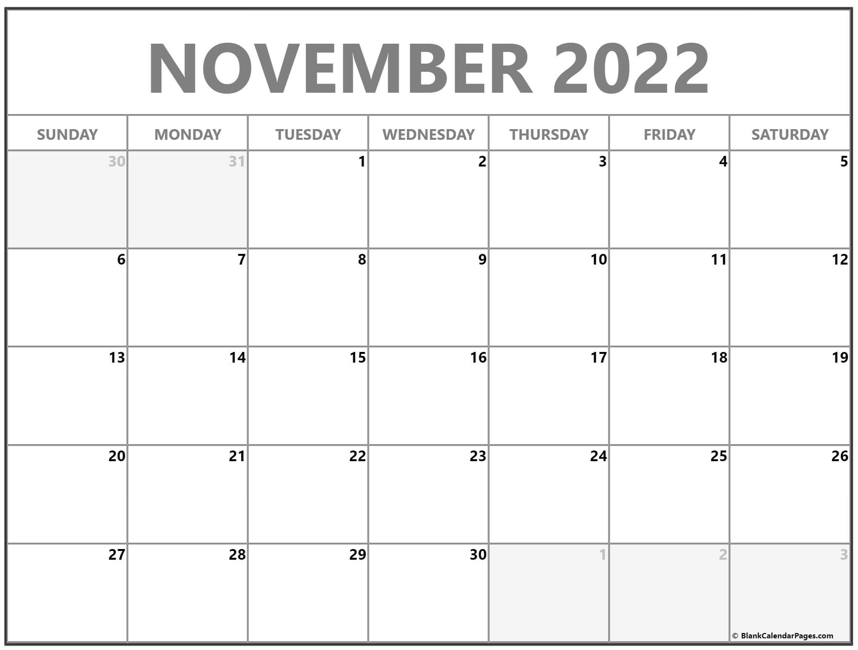 Blank November Calendar Free Printable