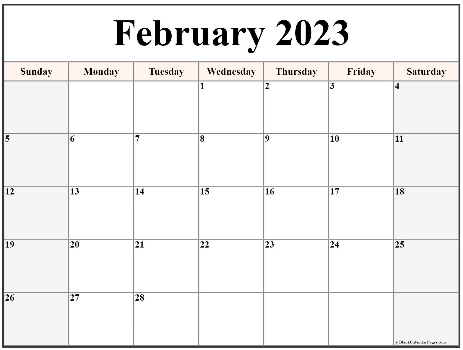 Free Printable Blank February 2023 Calendar 2022