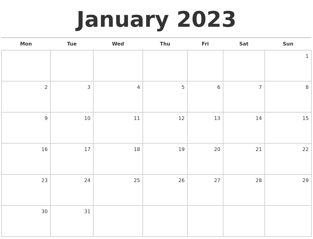 Free Printable Blank Calendar January 2023