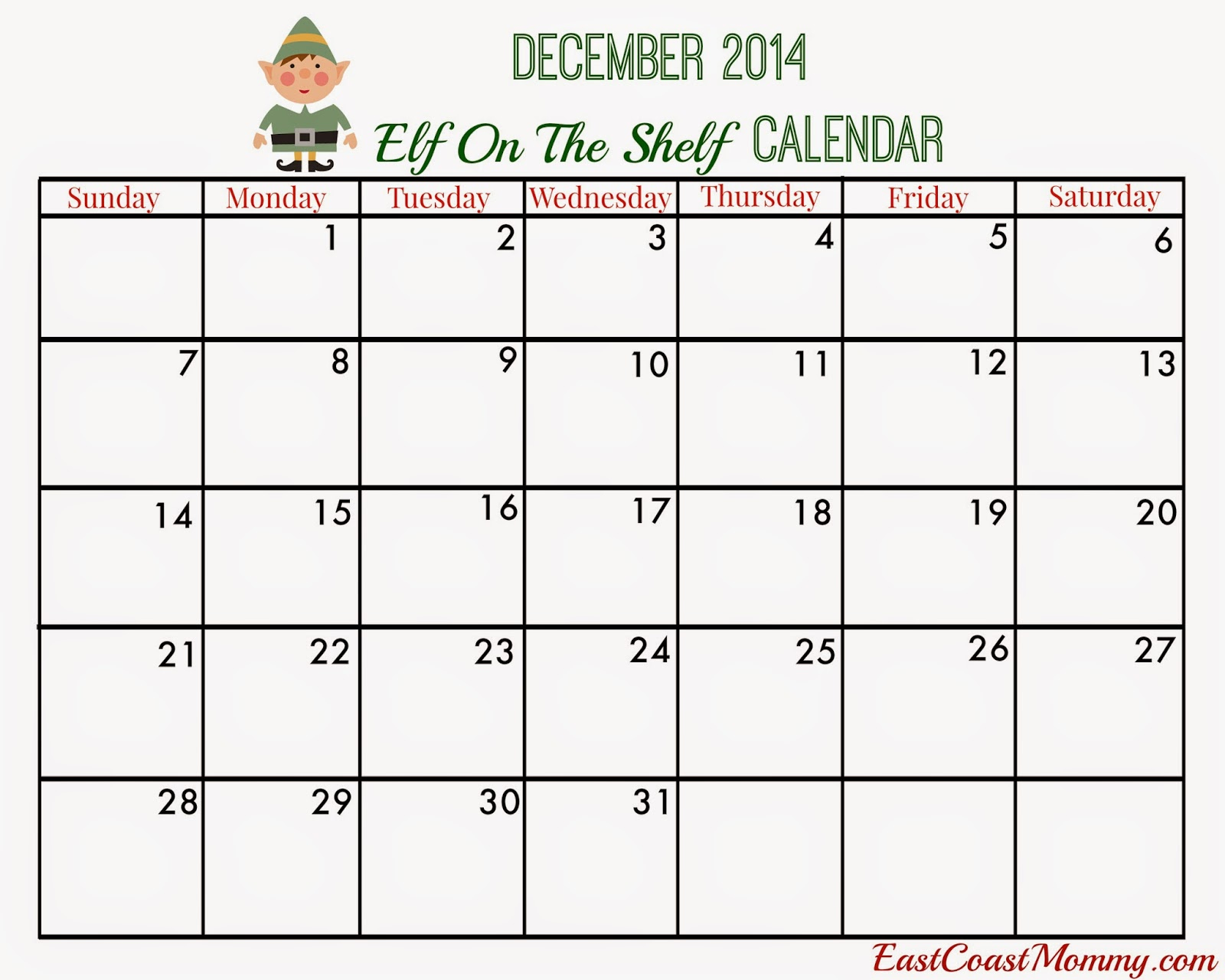East Coast Mommy Elf On The Shelf Calendar