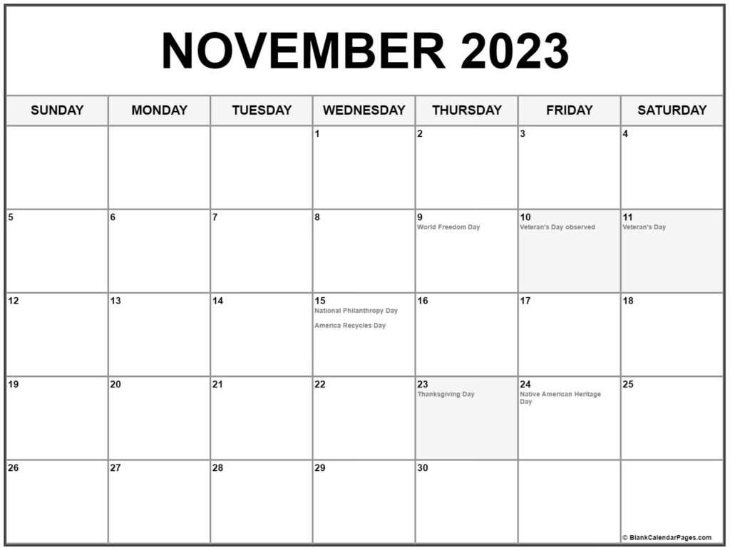 November 2023 With Holidays Calendar
