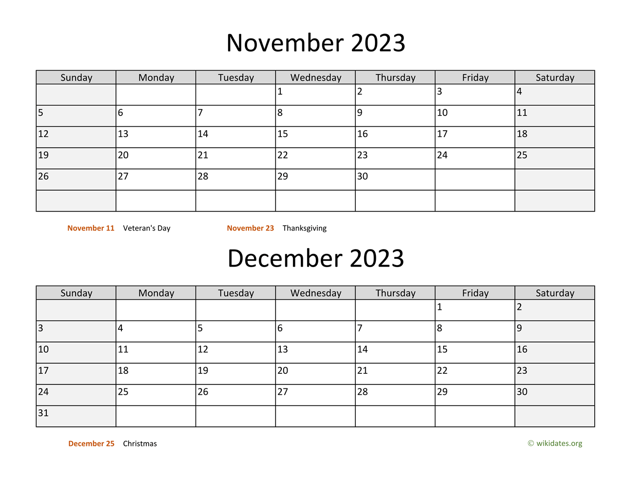 November And December 2023 Calendar WikiDates