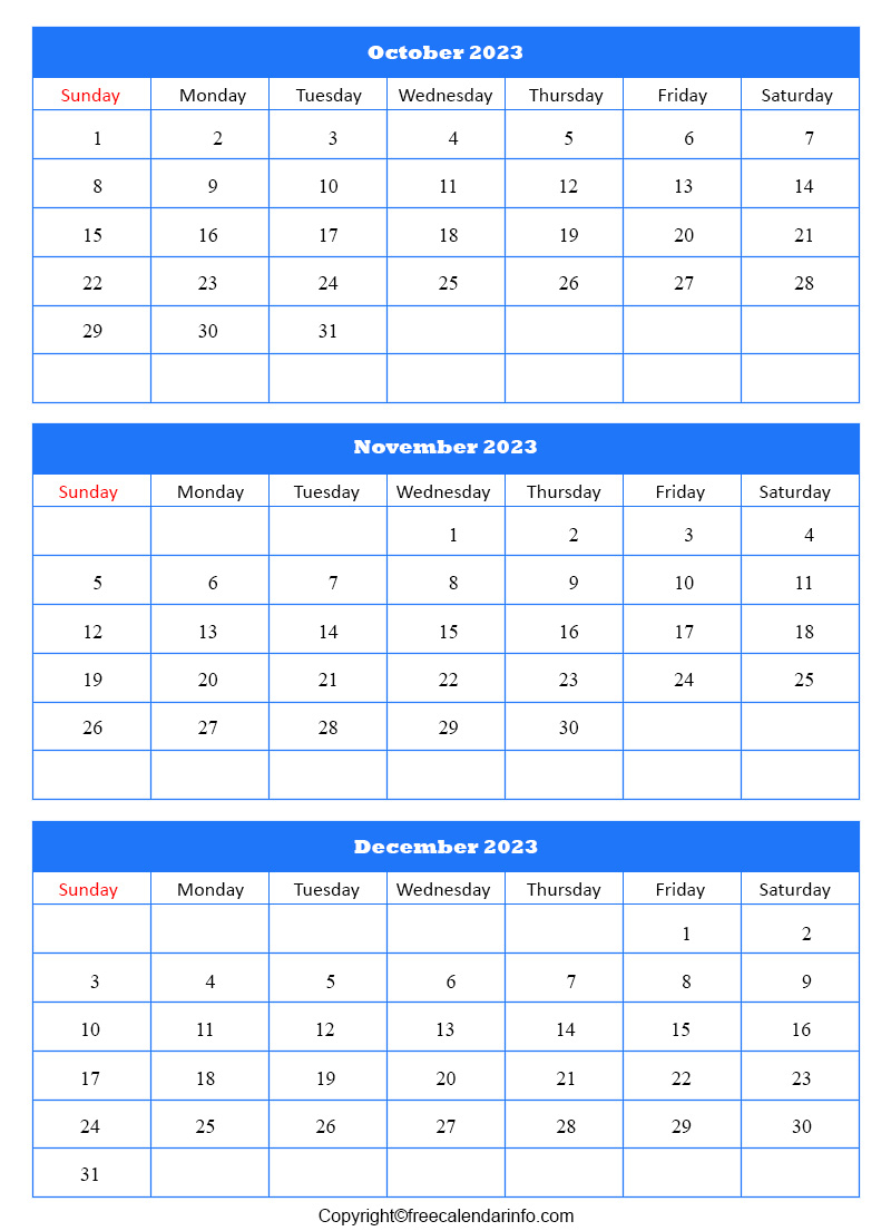 October November December 2023 Calendar Free Printable